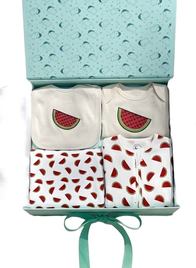 Lullaby Bloom Premium Certified Organic Cotton Newborn Baby Palestine Peek-a-Boo Gift Set (3-6M) Essential Gift Set for Baby Girls and Boys - Unisex in cute Treasured Memories Gift Box with 4 Items