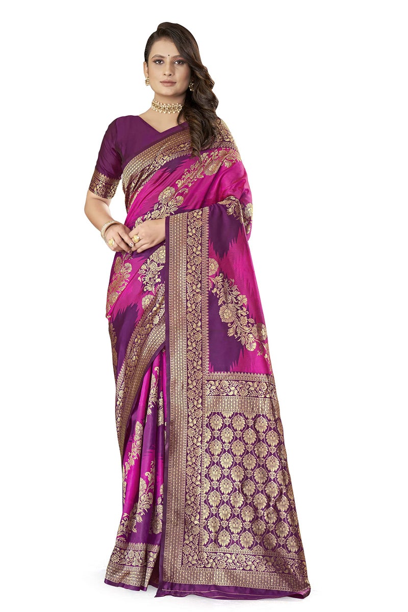 MANOHARI Women's Traditional Banarasi Silk With Woven Design Purple Saree With 0.8 Meter Heavy Embroidery Blouse Piece - Image 3