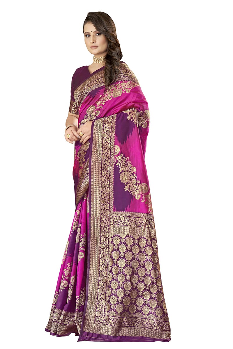 MANOHARI Women's Traditional Banarasi Silk With Woven Design Purple Saree With 0.8 Meter Heavy Embroidery Blouse Piece - Image 4