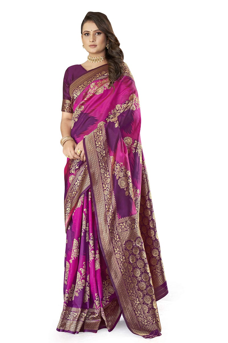 MANOHARI Women's Traditional Banarasi Silk With Woven Design Purple Saree With 0.8 Meter Heavy Embroidery Blouse Piece - Image 2