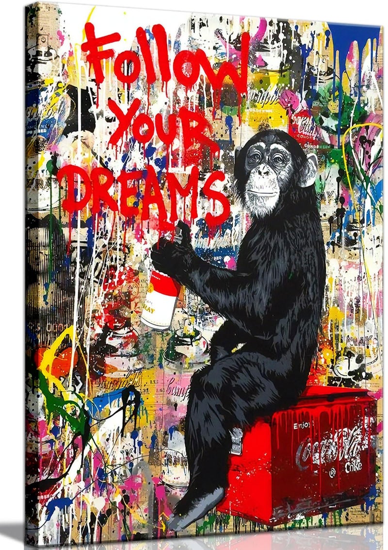 AKOTAC Monkey Street Graffiti Canvas Print Wall Art,-Follow Your Dreams Animal Canvas Art for Living Room Office Wall Decor Home Decoration Framed Ready to Hang,bedroom decor for men - Image 1