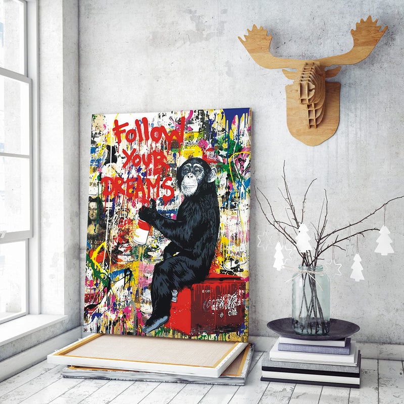 AKOTAC Monkey Street Graffiti Canvas Print Wall Art,-Follow Your Dreams Animal Canvas Art for Living Room Office Wall Decor Home Decoration Framed Ready to Hang,bedroom decor for men - Image 2