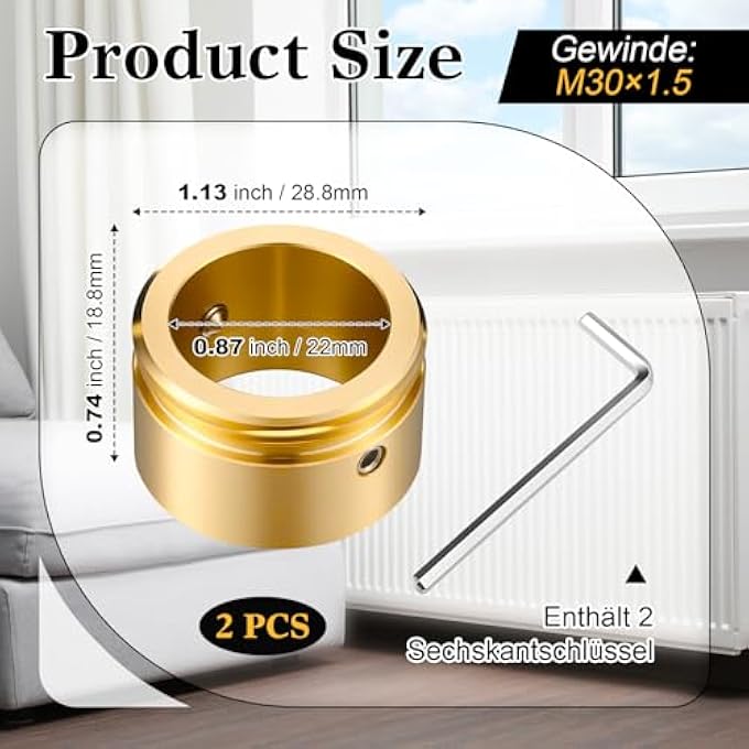 2 X BRASS HEATING VALVE ADAPTER, M30 X 1.5 THERMOSTAT ADAPTER FOR RA, RAV, RAVL VALVE, HEATING VALVE ADAPTER WITH HEX KEY, RADIATOR ACCESSORIES - Image 3