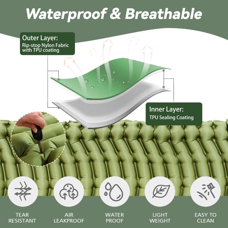 Pretyw Sleeping Pad for Camping - Ultralight Camping Mattress with Pillow, Built-in Foot Pump, Compact Inflatable Portable Mat for Backpacking, Hiking, Car Traveling, Beach, Tent - Image 4