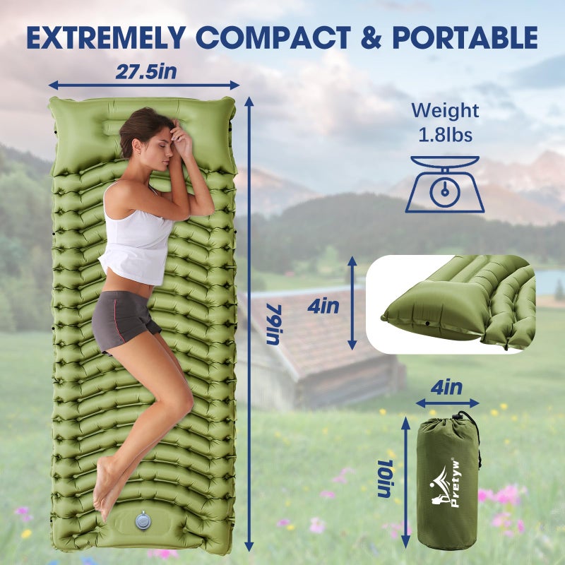 Pretyw Sleeping Pad for Camping - Ultralight Camping Mattress with Pillow, Built-in Foot Pump, Compact Inflatable Portable Mat for Backpacking, Hiking, Car Traveling, Beach, Tent - Image 2