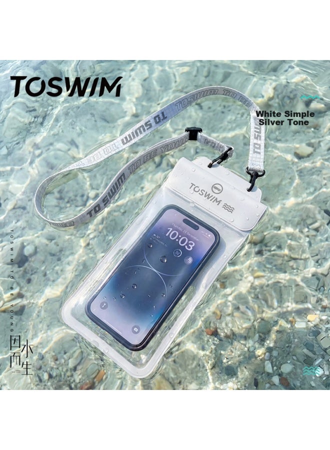 Toswim Waterproof Phone Pouch Touchscreen Swimming Sealed Bag Floating Diving Lanyard Neck Strap Phone Case White Silver Tone - Image 1