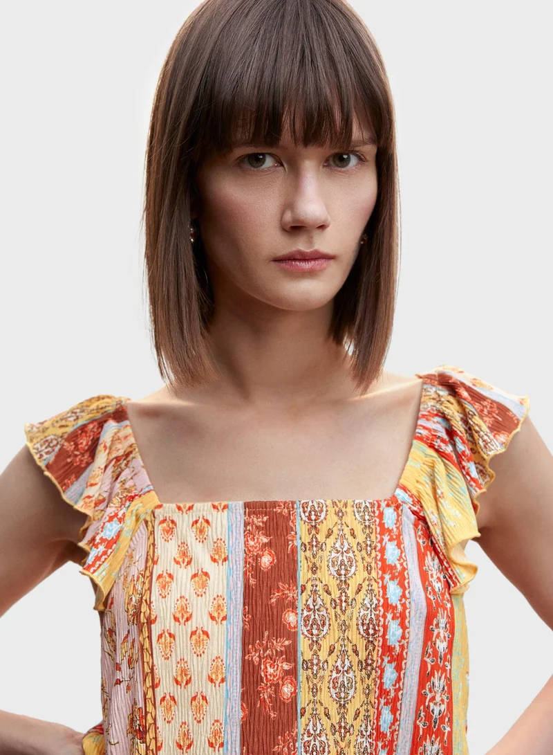 MANGO Ruffle Sleeve Printed Crop Top