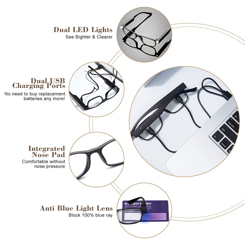 OKH LED Reading Glasses with Light Rechargeable Women Men Anti Blue Light Reader Eyeglasses (Rectangle Black, 2.0X) - Image 5