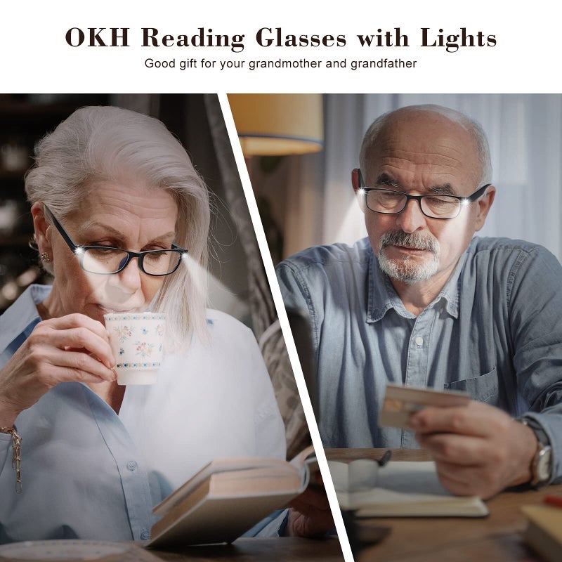 OKH LED Reading Glasses with Light Rechargeable Women Men Anti Blue Light Reader Eyeglasses (Rectangle Black, 2.0X) - Image 3