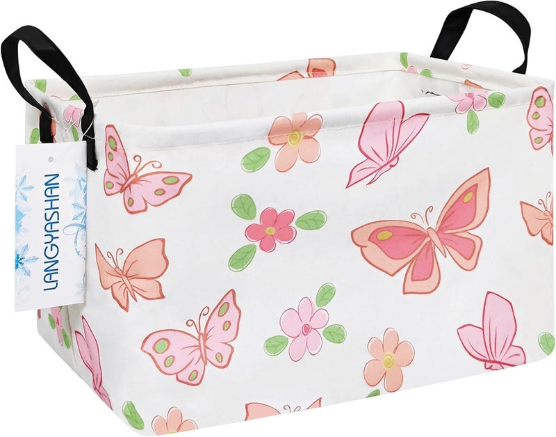 LANGYASHAN Rectangular Storage Bin Collapse Canvas Fabric Cartoon Storage Basket with Handles for Organizing Home Kitchen Boys and Girls Toys Office Closet Shelf Baskets (Rec Pink Butterfly) - Image 1