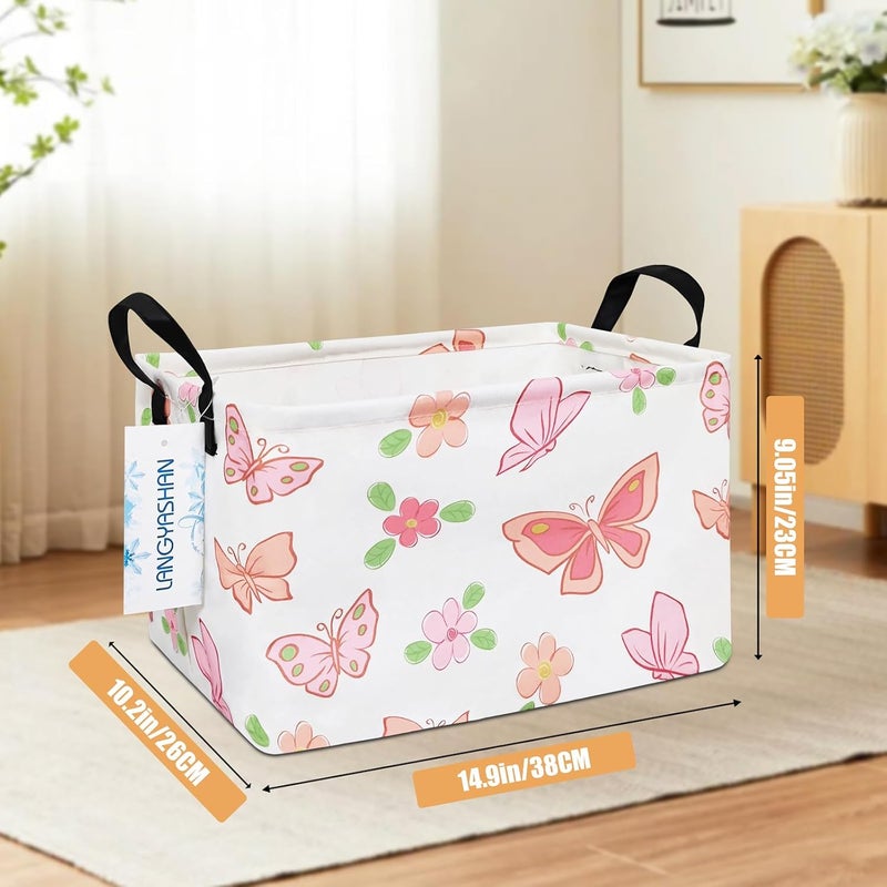 LANGYASHAN Rectangular Storage Bin Collapse Canvas Fabric Cartoon Storage Basket with Handles for Organizing Home Kitchen Boys and Girls Toys Office Closet Shelf Baskets (Rec Pink Butterfly) - Image 2
