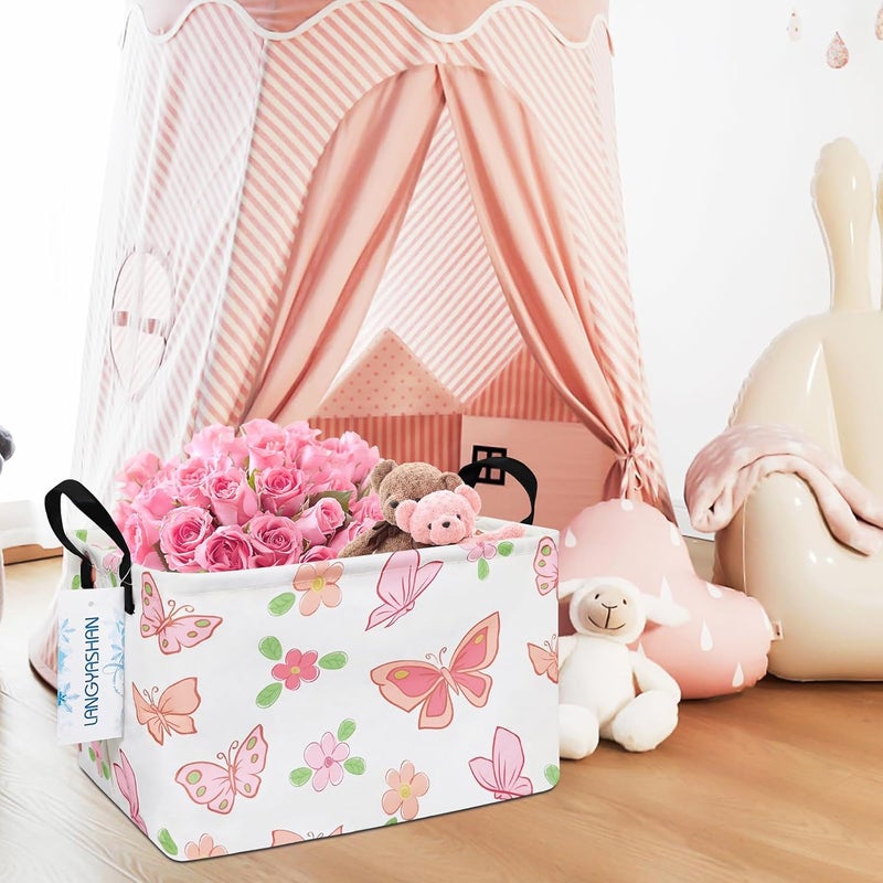 LANGYASHAN Rectangular Storage Bin Collapse Canvas Fabric Cartoon Storage Basket with Handles for Organizing Home Kitchen Boys and Girls Toys Office Closet Shelf Baskets (Rec Pink Butterfly) - Image 5