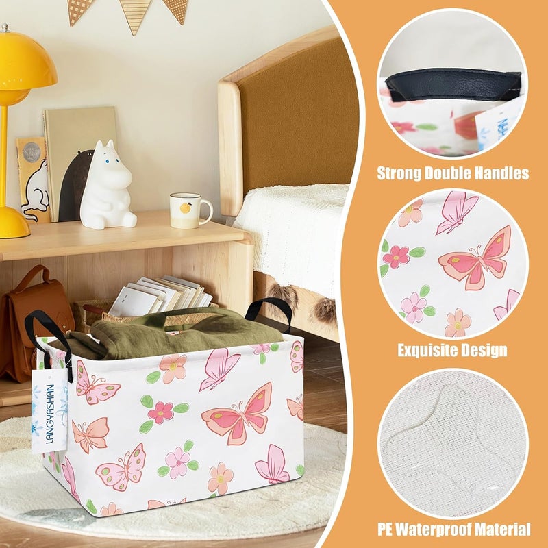 LANGYASHAN Rectangular Storage Bin Collapse Canvas Fabric Cartoon Storage Basket with Handles for Organizing Home Kitchen Boys and Girls Toys Office Closet Shelf Baskets (Rec Pink Butterfly) - Image 3