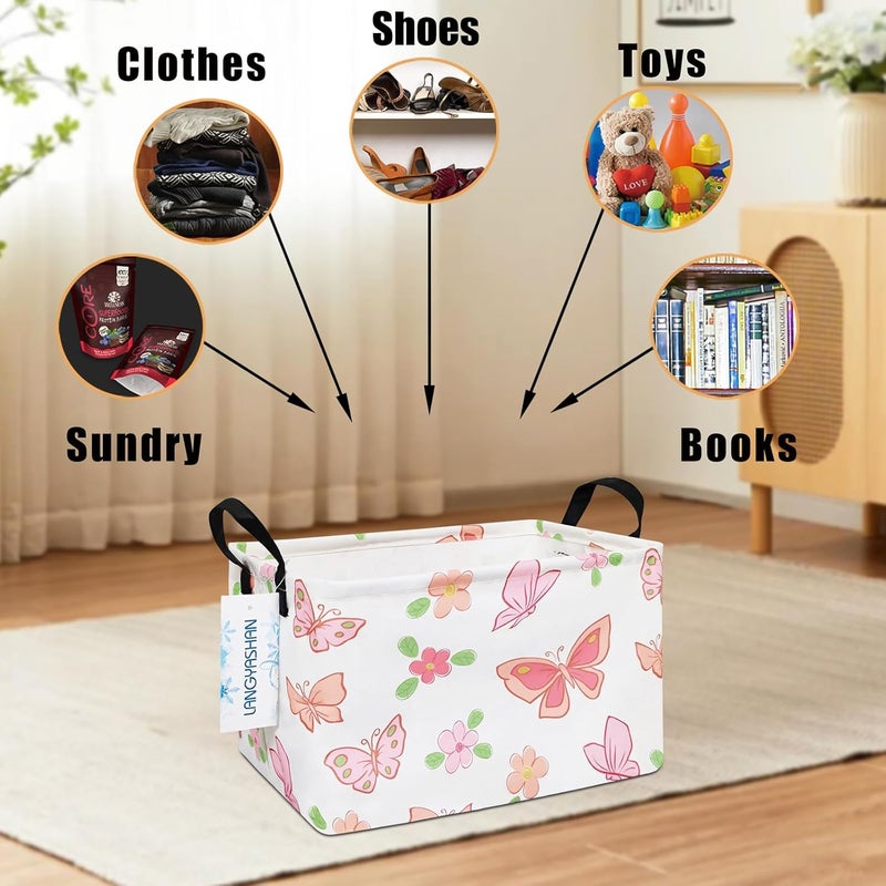 LANGYASHAN Rectangular Storage Bin Collapse Canvas Fabric Cartoon Storage Basket with Handles for Organizing Home Kitchen Boys and Girls Toys Office Closet Shelf Baskets (Rec Pink Butterfly) - Image 4