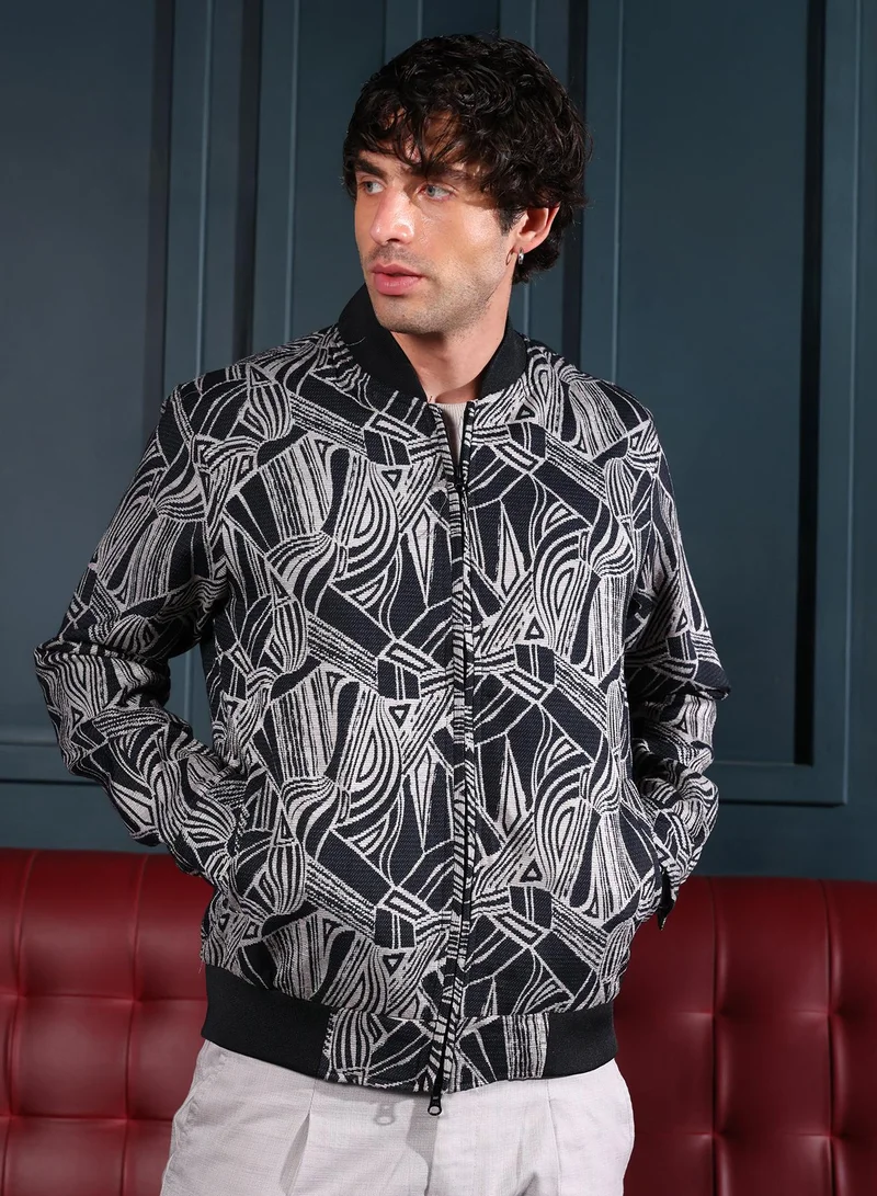 Campus Sutra Men Stroke-Jacquard Bomber Jacket | Baseball Collar, Long Ribbed Cuff Sleeves | Zipper , Ribbed-Straight Hem | Abstract Jacquard | Woven Fabric For Casual & Daily Wear | Midnight Black