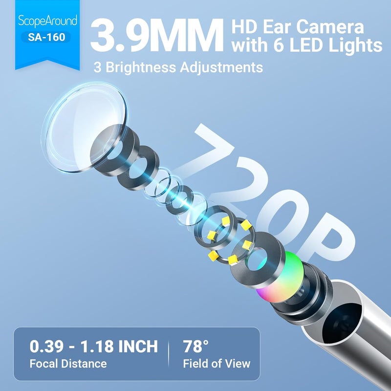 ScopeAround Digital Otoscope w/IPS Screen, 720p HD Smart Video Otoscope with Light, Ear Scope Otoscope with Camera Ear Wax Removal Camera, Ear Checker, Power On and Go, White - Image 2