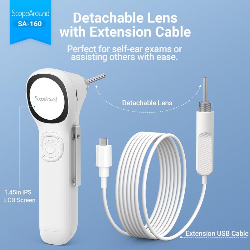 ScopeAround Digital Otoscope w/IPS Screen, 720p HD Smart Video Otoscope with Light, Ear Scope Otoscope with Camera Ear Wax Removal Camera, Ear Checker, Power On and Go, White - Image 3