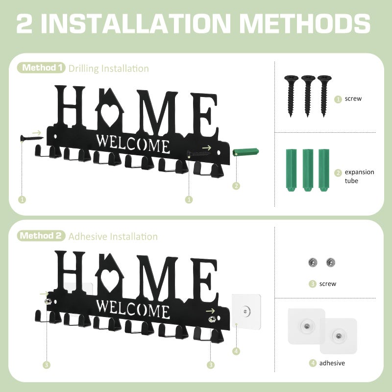 HOMEBROS Key Holder Wall Mount, Adhesive Metal Key Hanger with 6 Double Hooks, 2 Installation Methods, Black - Image 2