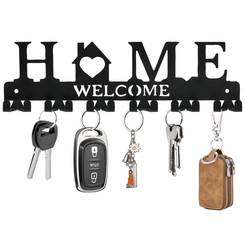 HOMEBROS Key Holder Wall Mount, Adhesive Metal Key Hanger with 6 Double Hooks, 2 Installation Methods, Black - Image 1