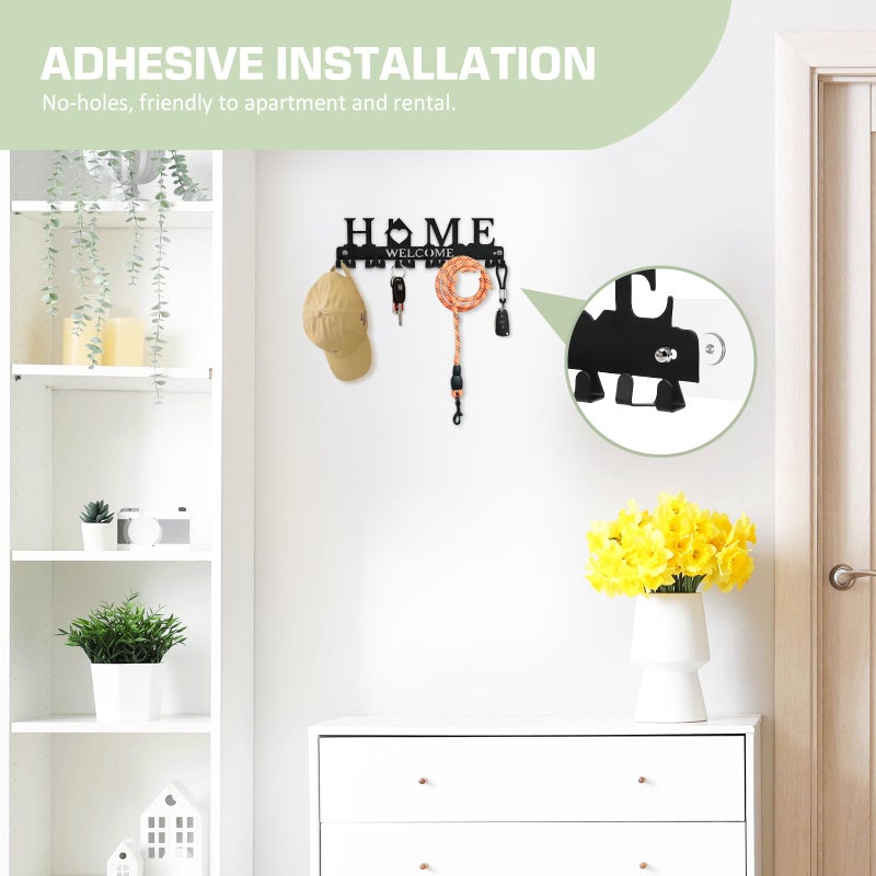 HOMEBROS Key Holder Wall Mount, Adhesive Metal Key Hanger with 6 Double Hooks, 2 Installation Methods, Black - Image 4