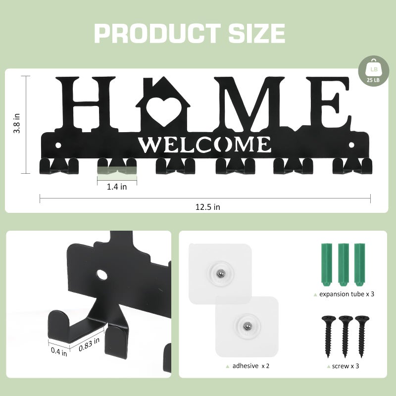 HOMEBROS Key Holder Wall Mount, Adhesive Metal Key Hanger with 6 Double Hooks, 2 Installation Methods, Black - Image 5