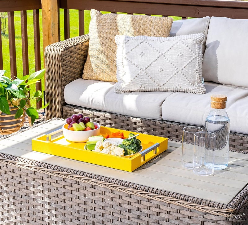 Home Redefined صينية ديكور أنيقة عصرية مستطيلة مقاس 18×12 بوصة بلون أصفر من جلد الشاجرين الصناعي، مع مقابض معدنية فضية، مناسبة لطاولة القهوة والعطور وخزانة الملابس والمطبخ من هوم ريديفايند لجميع المناسبات - Image 2