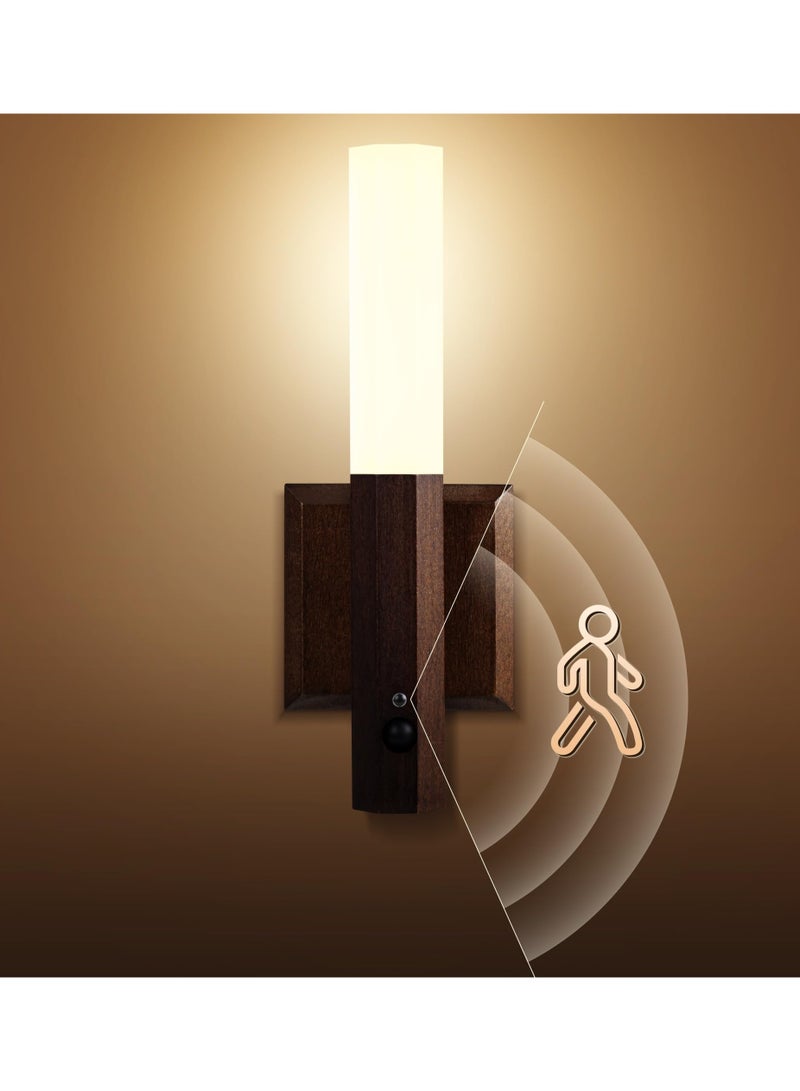 SYOSI Motion Sensor Light Indoor, Stick on Motion Wall Light Wooden Wall Sconce Wooden LED Wall Sconce Indoor Rechargeable Wooden Wall Light for Hallway, Stair, Closet, Shelf, Bathroom, Kitchen - Image 1