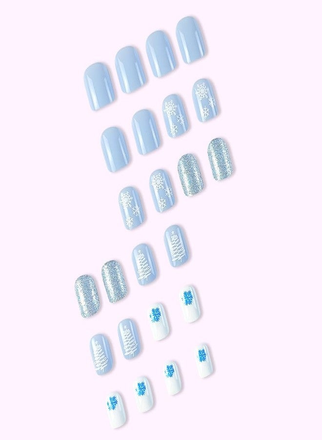أظافر عيد الميلاد الاصطناعية القصيرة المربعة الزرقاء مع تصميمات رقاقات الثلج لامعة لامعة تغطي كامل الأظافر أظافر عيد الميلاد الاصطناعية أظافر أكريليك لاصقة للأظافر للنساء زينة الأظافر 24 قطعة - Image 5