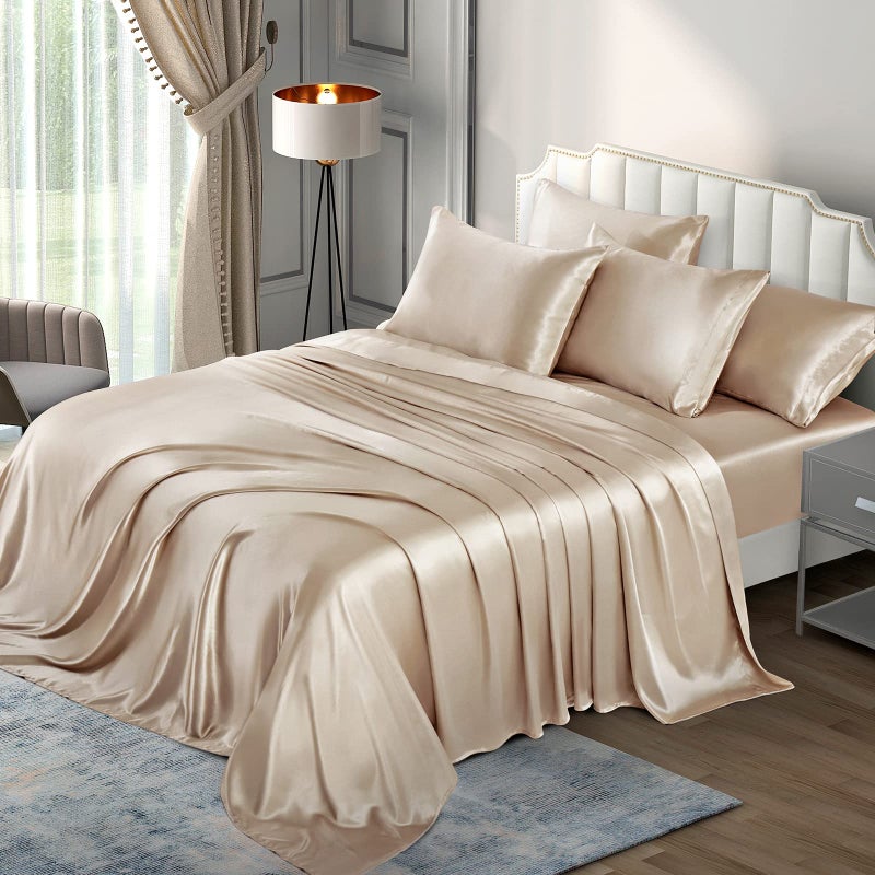 P Pothuiny Satin Sheets King (6 Pieces  Taupe) Luxury Silky Satin Bed Sheets King Bedding Set  Extra Soft Satin Sheet Set  1 Satin Fitted Sheet + 1 Flat Sheet + 4 Pillow Cases - Image 3