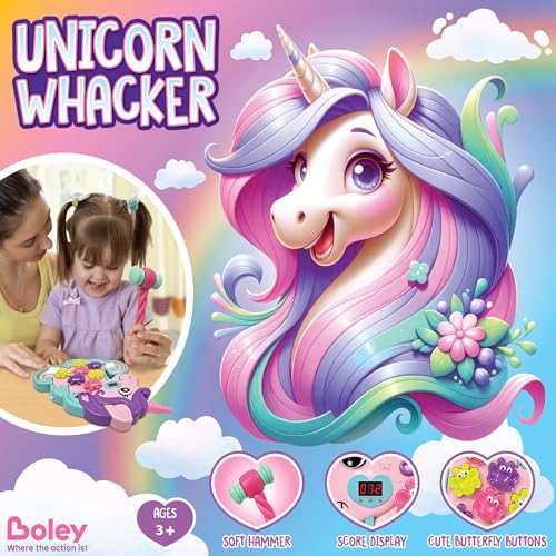 Boley Unicorn Hammer Mole Type Game with Lights Sounds 5 Modes Soft Hammer LED Score Display Colorful Butterfly Buttons Educational Interactive Whack a Frog Like Toy Toddlers Ages 3 and Up - Image 5