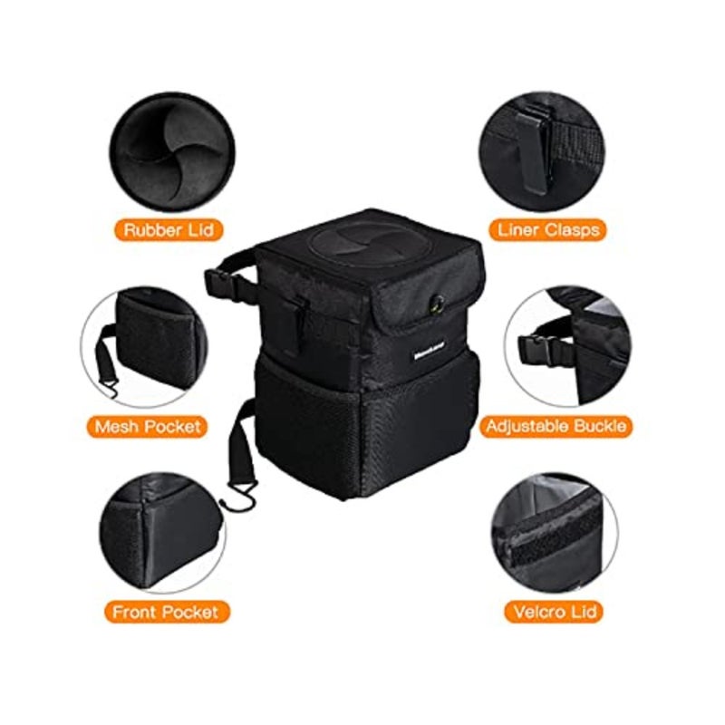 Car Trash can with Lid and Storage Pockets, Car Back seat Waterproof Car Garbage Can, Hanging Automotive Car Garbage Cans Leak Proof Vehicle Multipurpose Trash Bag Bin Black - Image 2
