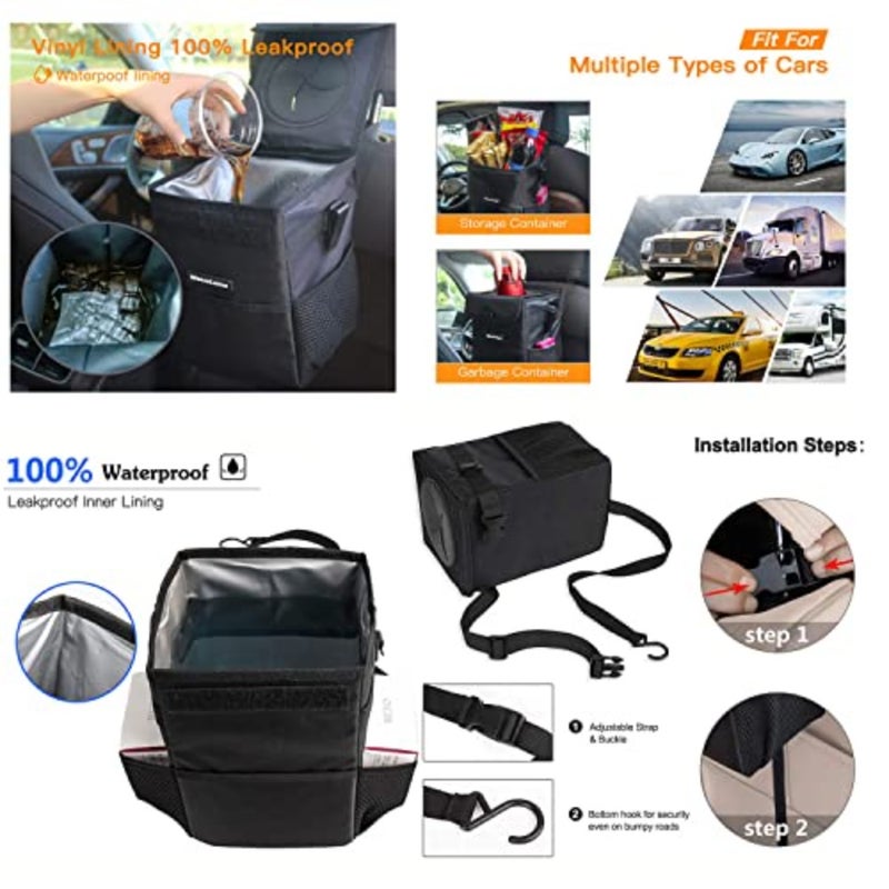 Car Trash can with Lid and Storage Pockets, Car Back seat Waterproof Car Garbage Can, Hanging Automotive Car Garbage Cans Leak Proof Vehicle Multipurpose Trash Bag Bin Black - Image 3