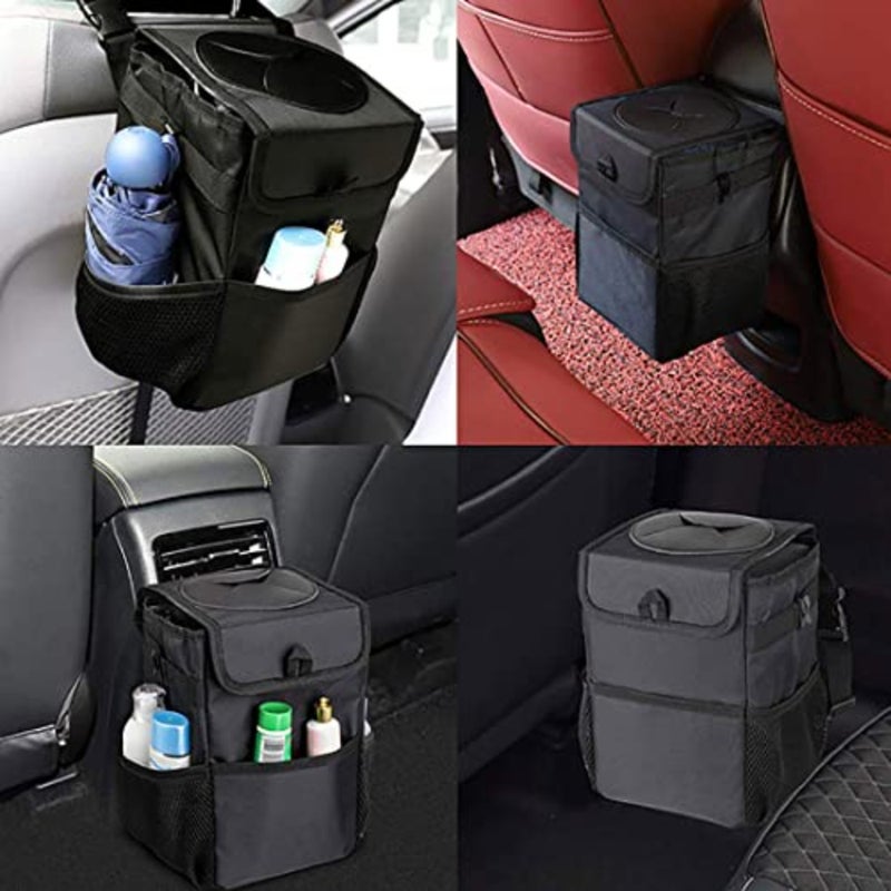 Car Trash can with Lid and Storage Pockets, Car Back seat Waterproof Car Garbage Can, Hanging Automotive Car Garbage Cans Leak Proof Vehicle Multipurpose Trash Bag Bin Black - Image 4