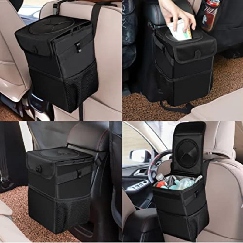 Car Trash can with Lid and Storage Pockets, Car Back seat Waterproof Car Garbage Can, Hanging Automotive Car Garbage Cans Leak Proof Vehicle Multipurpose Trash Bag Bin Black - Image 5