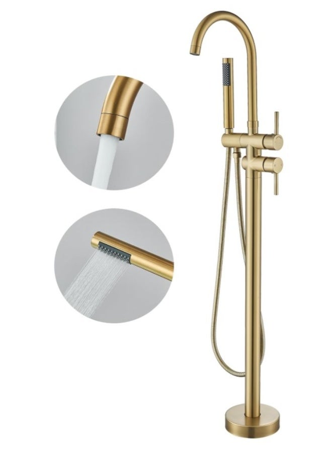 Freestanding Bathtub Faucet with Hand Shower in Brushed Gold – Floor Mounted Bath Mixer Tap with Handheld Shower Head, Solid Brass Construction, 360° Swivel Spout, Dual Handle Water Control - Image 1