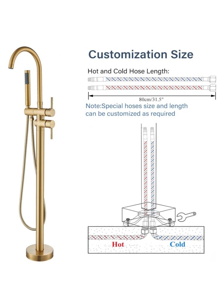 Freestanding Bathtub Faucet with Hand Shower in Brushed Gold – Floor Mounted Bath Mixer Tap with Handheld Shower Head, Solid Brass Construction, 360° Swivel Spout, Dual Handle Water Control - Image 2
