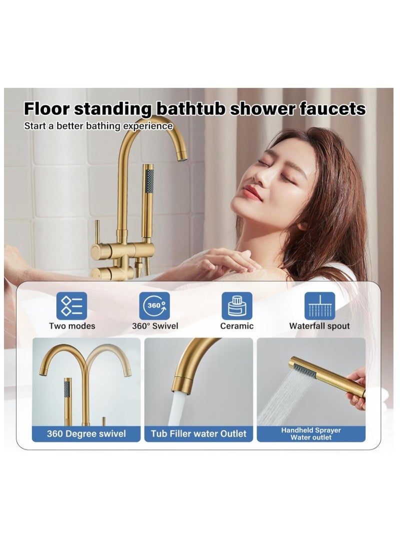 Freestanding Bathtub Faucet with Hand Shower in Brushed Gold – Floor Mounted Bath Mixer Tap with Handheld Shower Head, Solid Brass Construction, 360° Swivel Spout, Dual Handle Water Control - Image 3