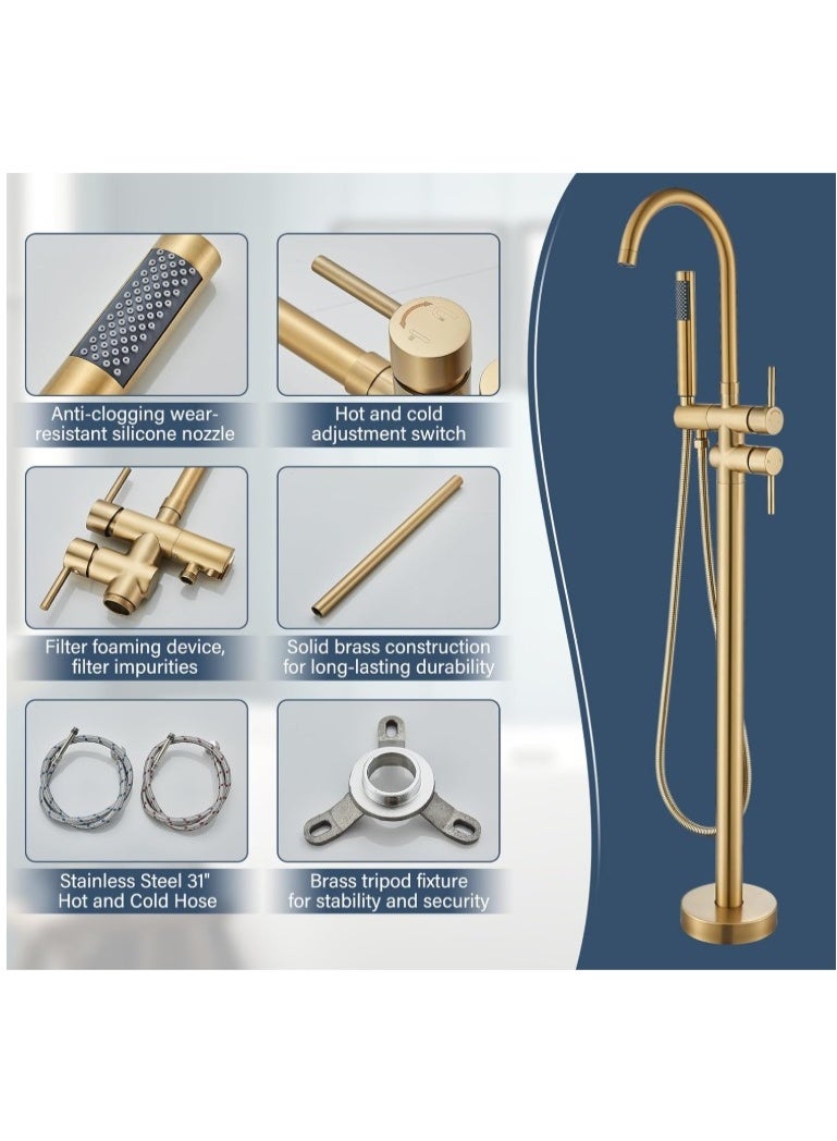 Freestanding Bathtub Faucet with Hand Shower in Brushed Gold – Floor Mounted Bath Mixer Tap with Handheld Shower Head, Solid Brass Construction, 360° Swivel Spout, Dual Handle Water Control - Image 5
