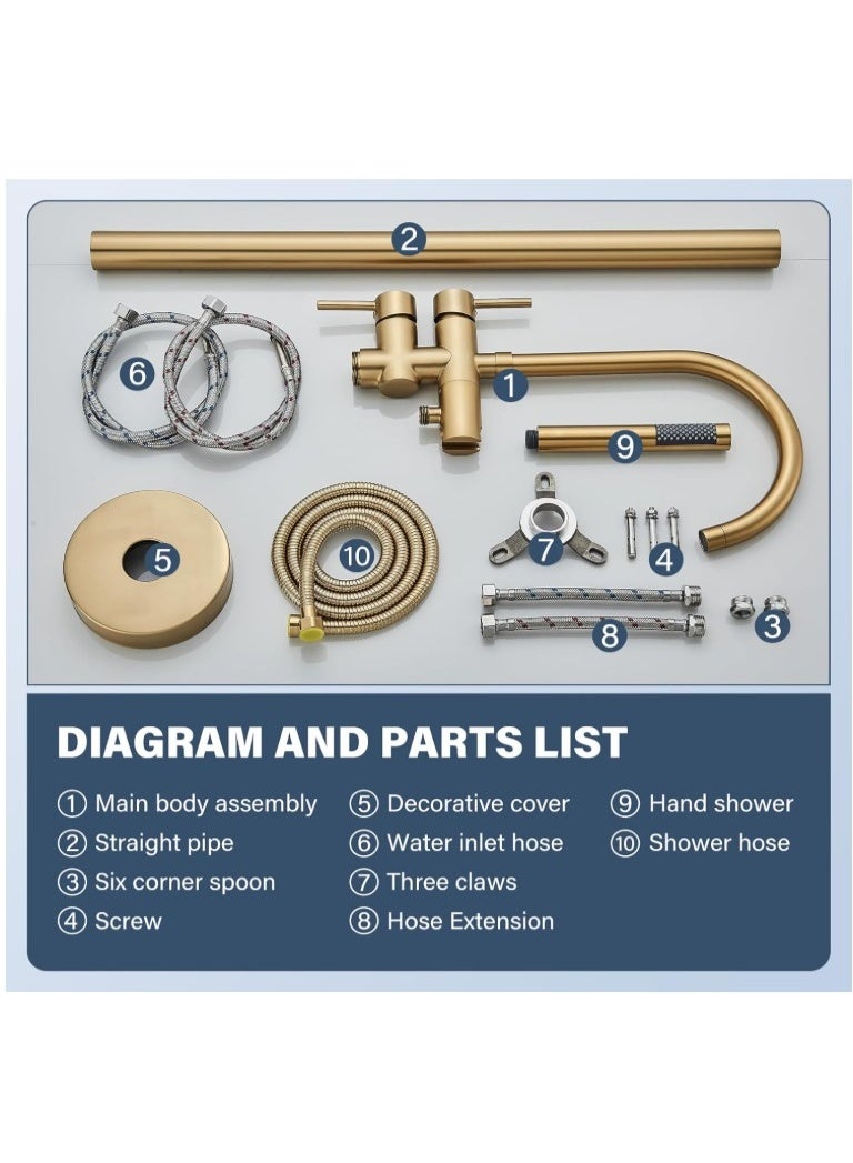Freestanding Bathtub Faucet with Hand Shower in Brushed Gold – Floor Mounted Bath Mixer Tap with Handheld Shower Head, Solid Brass Construction, 360° Swivel Spout, Dual Handle Water Control - Image 4