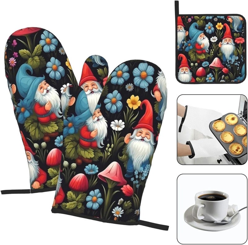DXTKWL Cute Gnomes Mushroom Flower Oven Mitts and Pot Holders Sets of 3 Heat Resistant Kitchen Oven Mitts Gloves Non Slip Hot Pads for Backing Grilling BBQ Cooking - Image 5