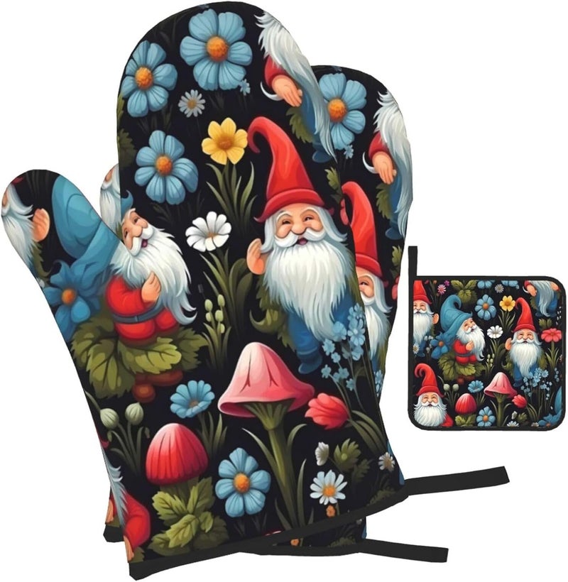 DXTKWL Cute Gnomes Mushroom Flower Oven Mitts and Pot Holders Sets of 3 Heat Resistant Kitchen Oven Mitts Gloves Non Slip Hot Pads for Backing Grilling BBQ Cooking - Image 1