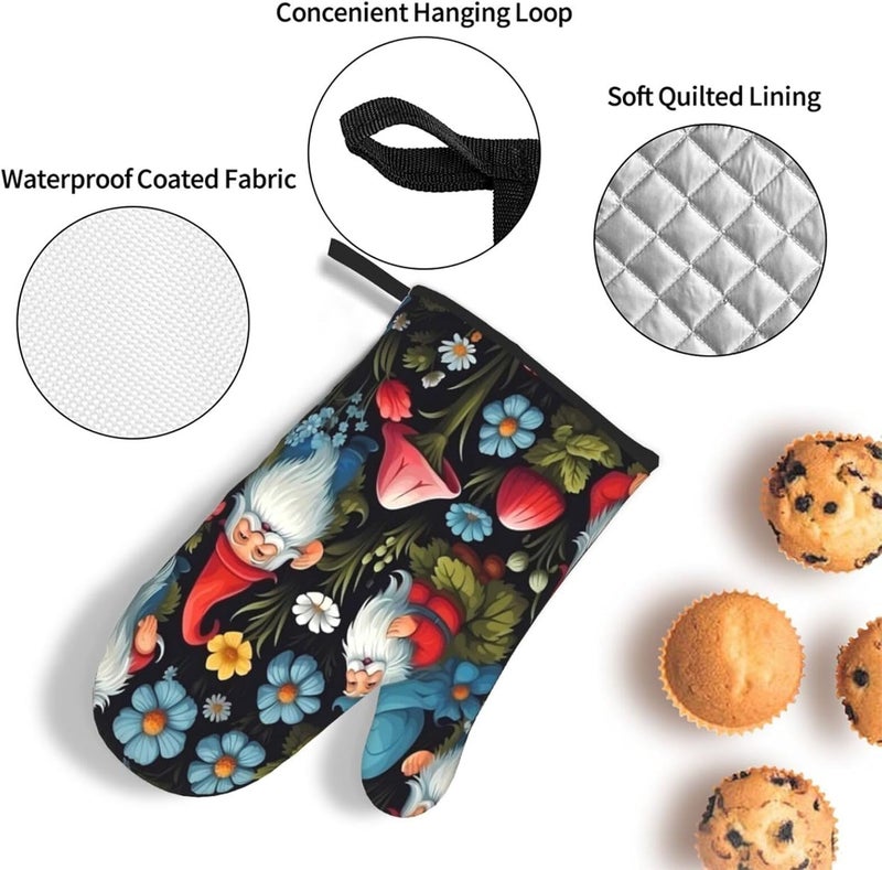 DXTKWL Cute Gnomes Mushroom Flower Oven Mitts and Pot Holders Sets of 3 Heat Resistant Kitchen Oven Mitts Gloves Non Slip Hot Pads for Backing Grilling BBQ Cooking - Image 3