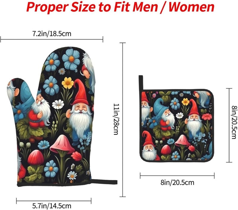 DXTKWL Cute Gnomes Mushroom Flower Oven Mitts and Pot Holders Sets of 3 Heat Resistant Kitchen Oven Mitts Gloves Non Slip Hot Pads for Backing Grilling BBQ Cooking - Image 2