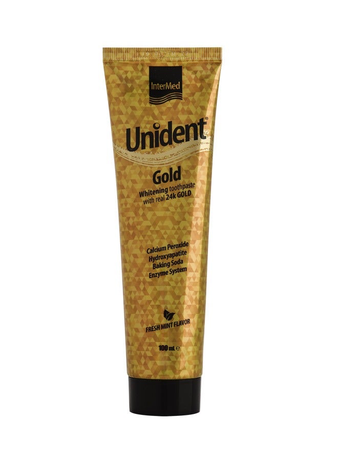 InterMed Unident Gold Whitening Toothpaste – 100ml – With 24K Gold Particles & Fresh Mint Flavor for Daily Whitening & Enamel Protection