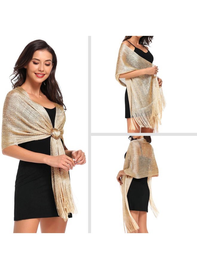 vimate Sparkling Metallic Shawls and Wraps for Evening Party/Wedding/Formal Dresses (With Free Buckle), C1#. Khaki Gold (With Khaki Buckle), 74.8" x 17" - Image 4