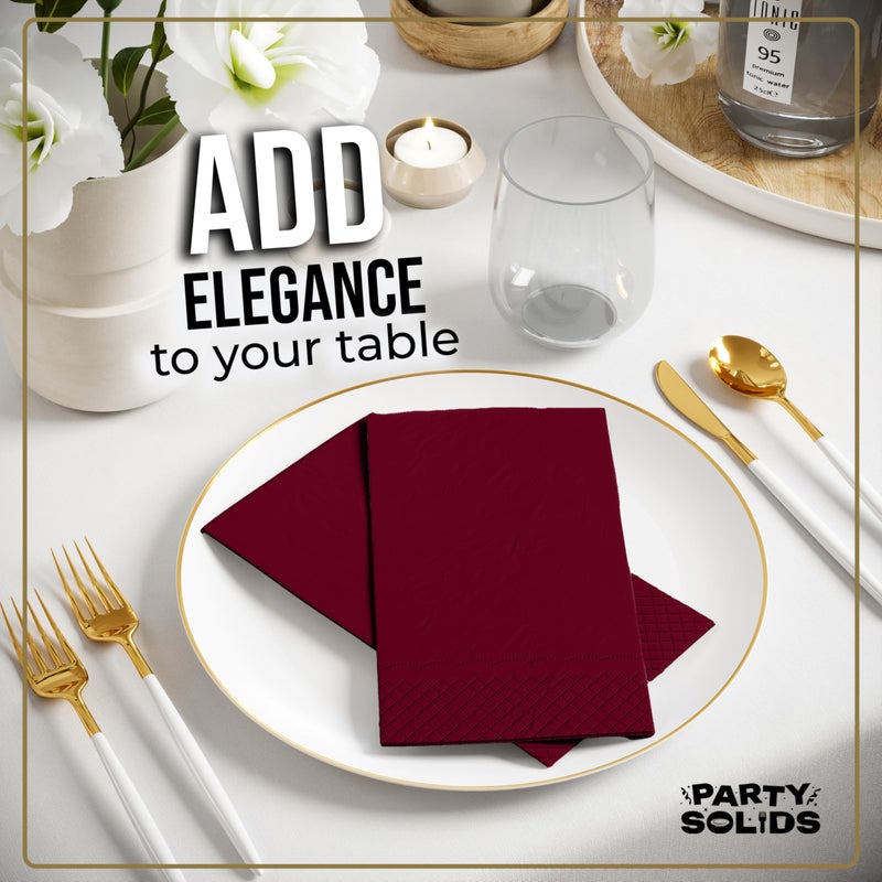 Party Solids مناديل عشاء بورغندي صلبة للحفلات قابلة للتصرف 8" × 4" مطوية - 40 قطعة مناديل بورغندي 2 طبقة قابلة للتصرف من ورق مناشف ضيوف للحمامات، العشاء، الحفلات اليومية و مستلزمات الحفلات - Image 5