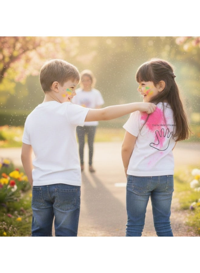 BrainGiggles Holi Tshirt for Kids – Unisex White Cotton Printed Round Neck Happy Holi T shirts for Boys and Girls | Color Splash Design with Handprint on Back | - Image 4