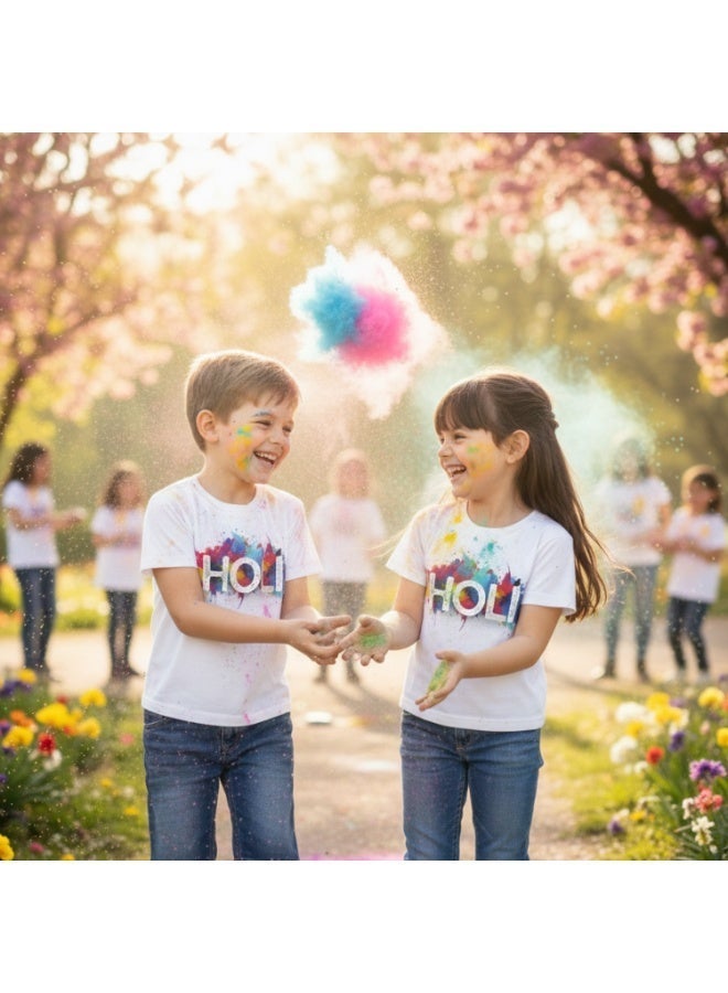 BrainGiggles Holi Tshirt for Kids – Unisex White Cotton Printed Round Neck Happy Holi T shirts for Boys and Girls | Color Splash Design with Handprint on Back | - Image 1