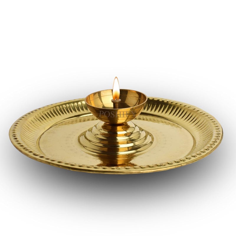 POSHIFY Brass Aarti Plate - Large Diya in Center, Handcrafted Traditional Indian Plate for Puja, Aarti, Spiritual Practices, Home Decor, Festival Celebrations, and Daily Worship Rituals - Image 1