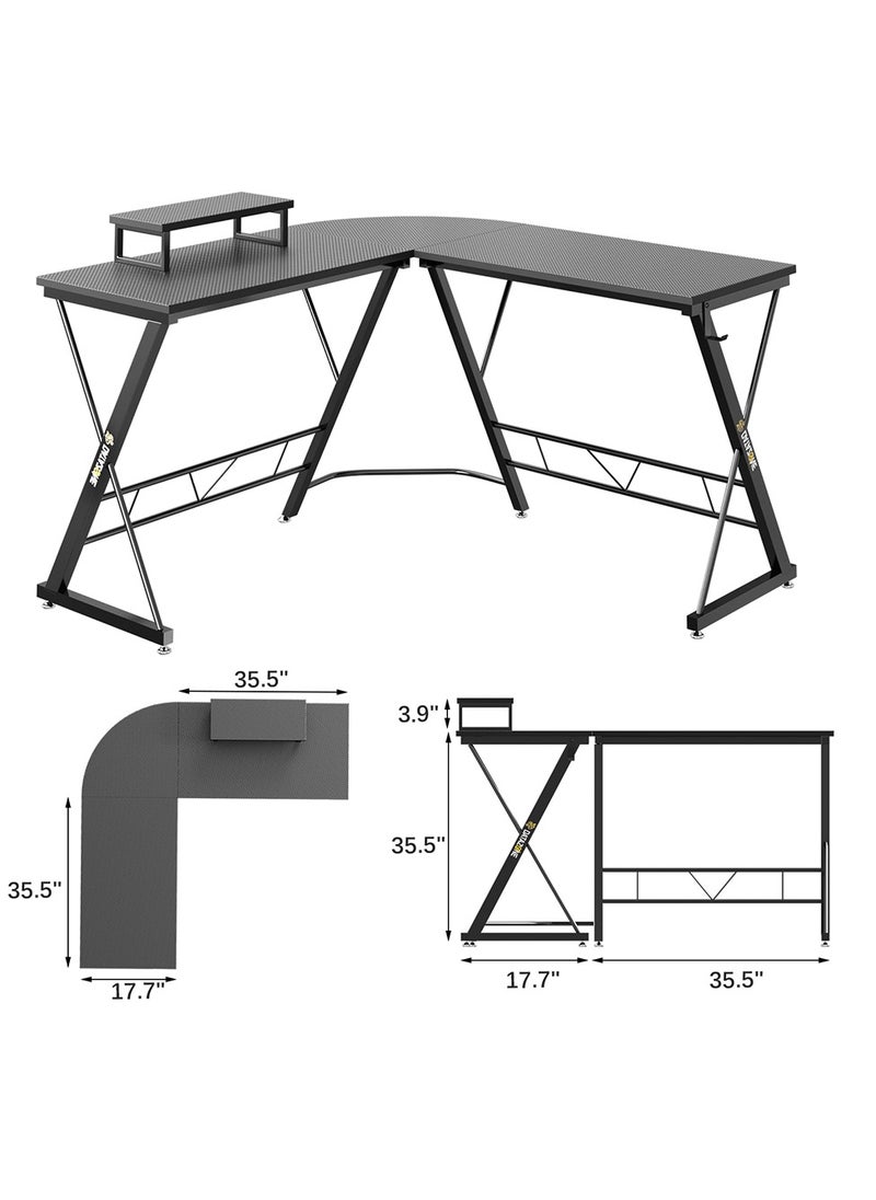L-Shaped Gaming Table 53.2 inch Home Gaming Desk Office Writing Workstation with Large Monitor Stand Space-Saving Easy to Assemble